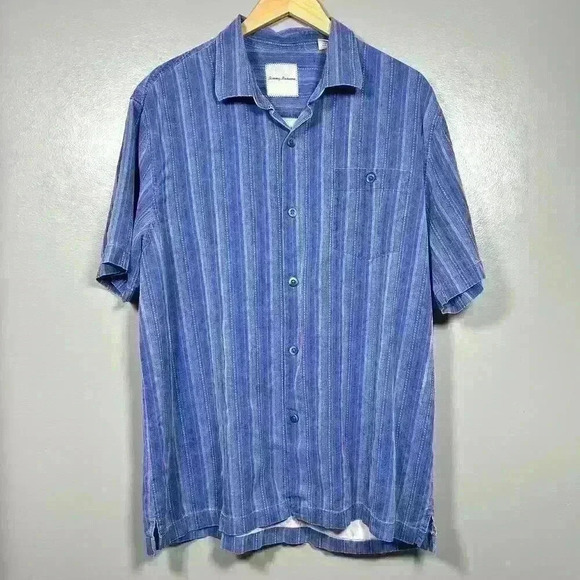 TOMMY BAHAMA 100% Silk Blue Stripe Casual Short Sleeve Button Up Men XL - Picture 1 of 9